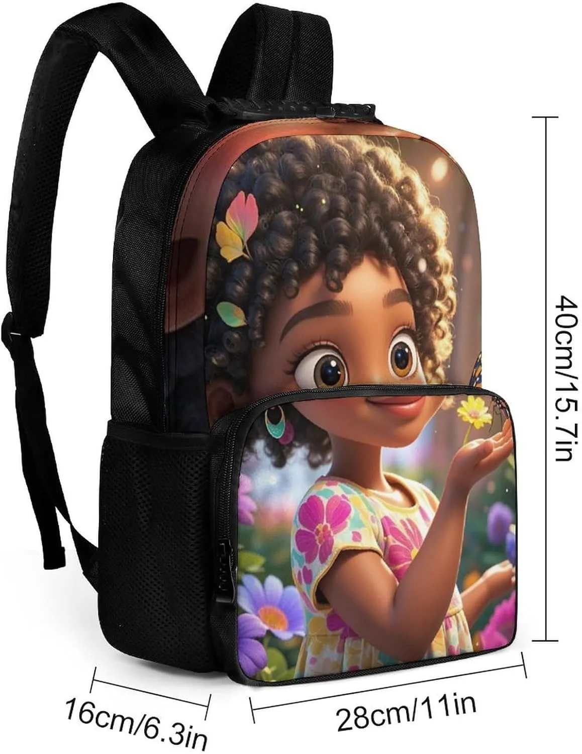 Men & Women Polyester Colorful Afro American Black Woman With Butterflies Art Backpack Large Capacity Bookbag With Smooth Zippers for Climbing Picnic Bicycle