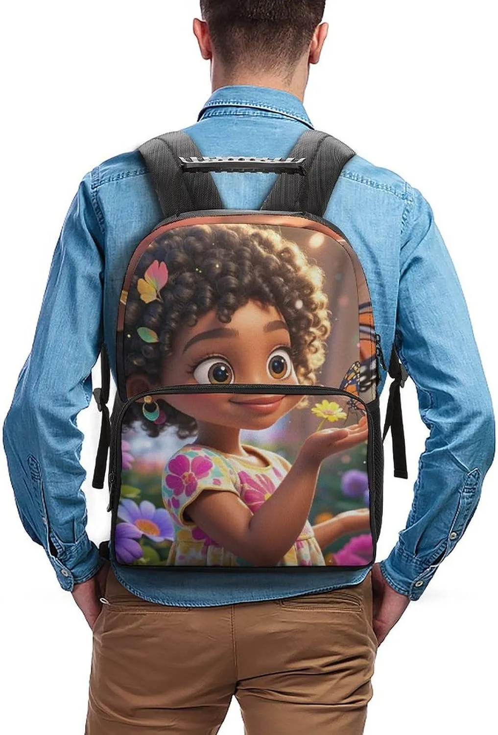 Men & Women Polyester Colorful Afro American Black Woman With Butterflies Art Backpack Large Capacity Bookbag With Smooth Zippers for Climbing Picnic Bicycle