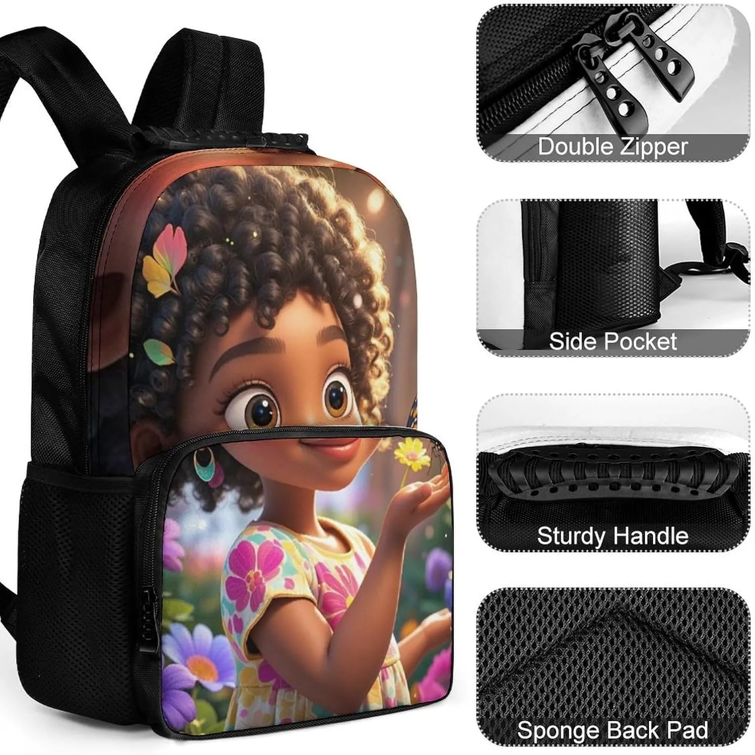 Men & Women Polyester Colorful Afro American Black Woman With Butterflies Art Backpack Large Capacity Bookbag With Smooth Zippers for Climbing Picnic Bicycle