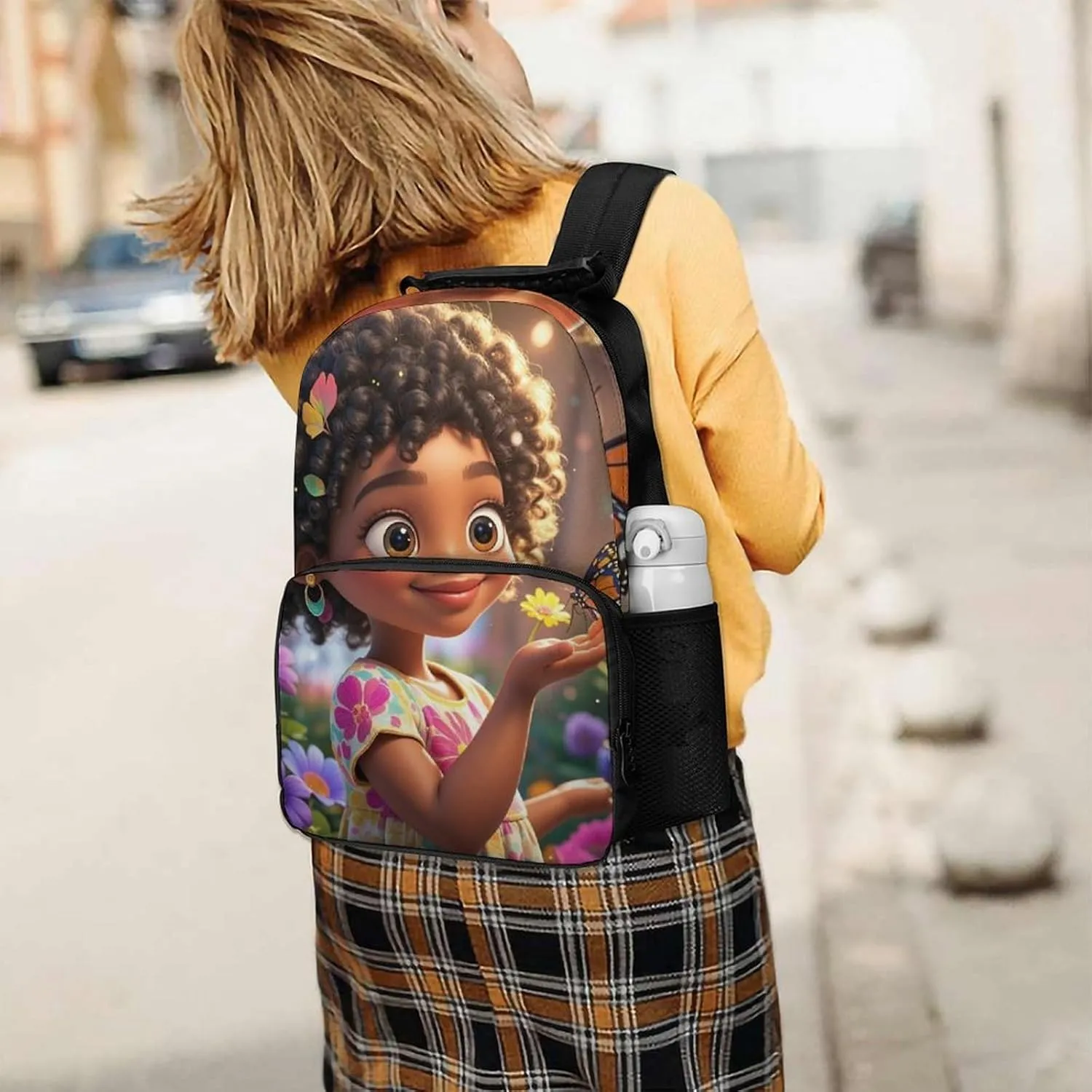 Men & Women Polyester Colorful Afro American Black Woman With Butterflies Art Backpack Large Capacity Bookbag With Smooth Zippers for Climbing Picnic Bicycle