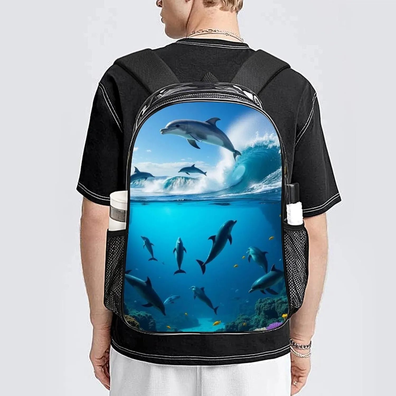 Men & Women Transparent Blue Sea Great Ocean Wave Jumping Dolphin Backpack Large Capacity Bookbag With Smooth Zippers for Climbing Picnic Bicycle