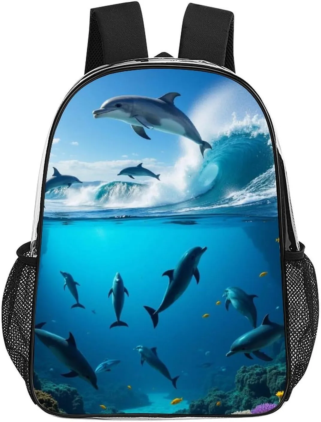 Men & Women Transparent Blue Sea Great Ocean Wave Jumping Dolphin Backpack Large Capacity Bookbag With Smooth Zippers for Climbing Picnic Bicycle