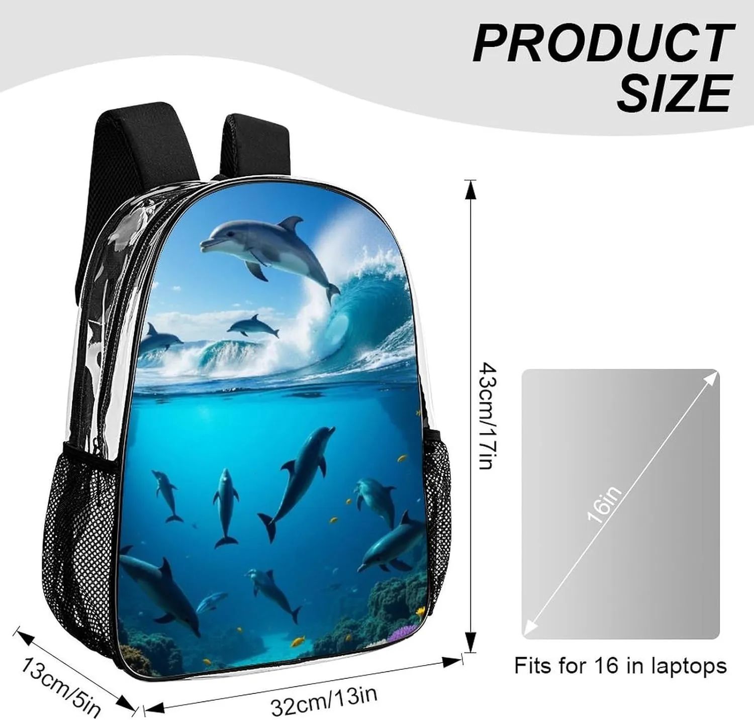 Men & Women Transparent Blue Sea Great Ocean Wave Jumping Dolphin Backpack Large Capacity Bookbag With Smooth Zippers for Climbing Picnic Bicycle