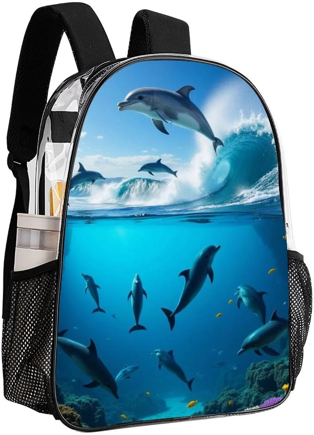 Men & Women Transparent Blue Sea Great Ocean Wave Jumping Dolphin Backpack Large Capacity Bookbag With Smooth Zippers for Climbing Picnic Bicycle