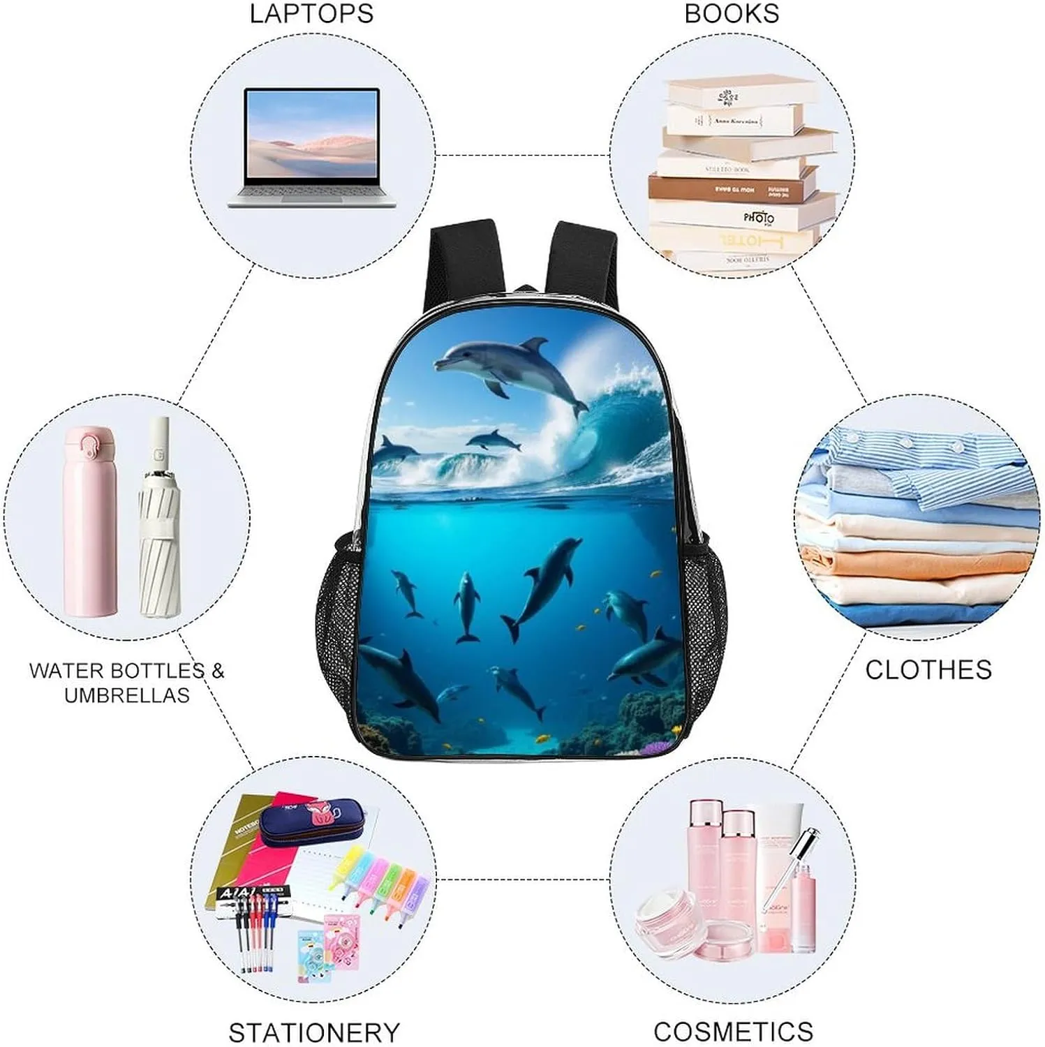 Men & Women Transparent Blue Sea Great Ocean Wave Jumping Dolphin Backpack Large Capacity Bookbag With Smooth Zippers for Climbing Picnic Bicycle