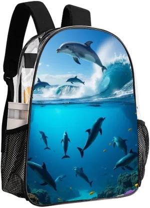 Men & Women Transparent Blue Sea Great Ocean Wave Jumping Dolphin Backpack Large Capacity Bookbag With Smooth Zippers for Climbing Picnic Bicycle