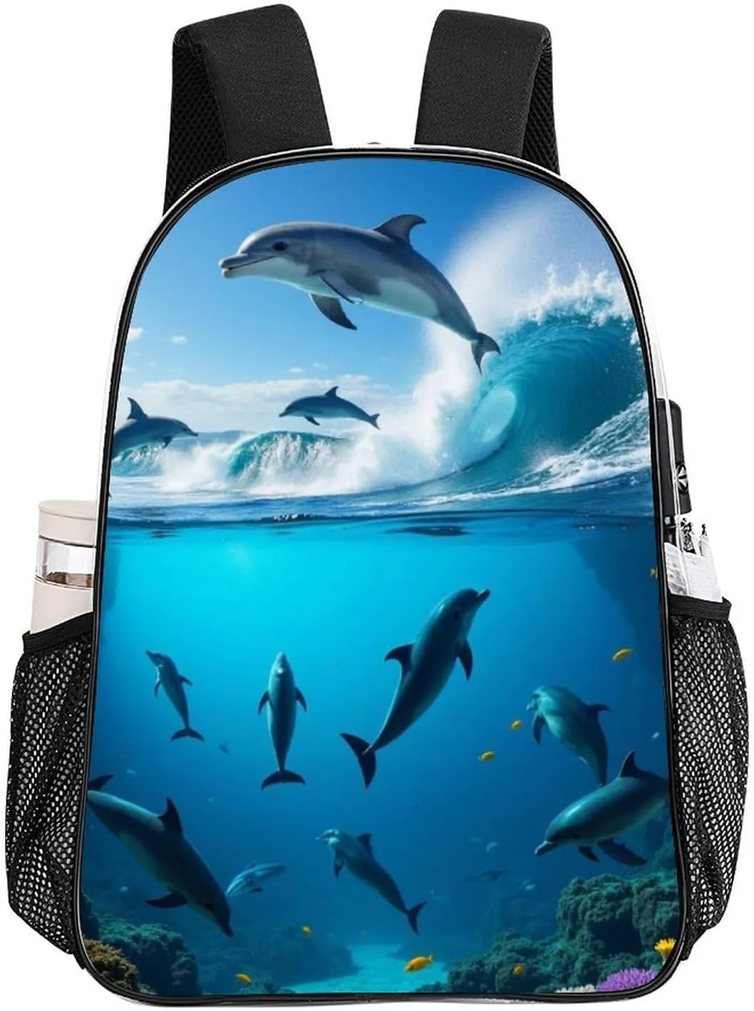Men & Women Transparent Blue Sea Great Ocean Wave Jumping Dolphin Backpack Large Capacity Bookbag With Smooth Zippers for Climbing Picnic Bicycle
