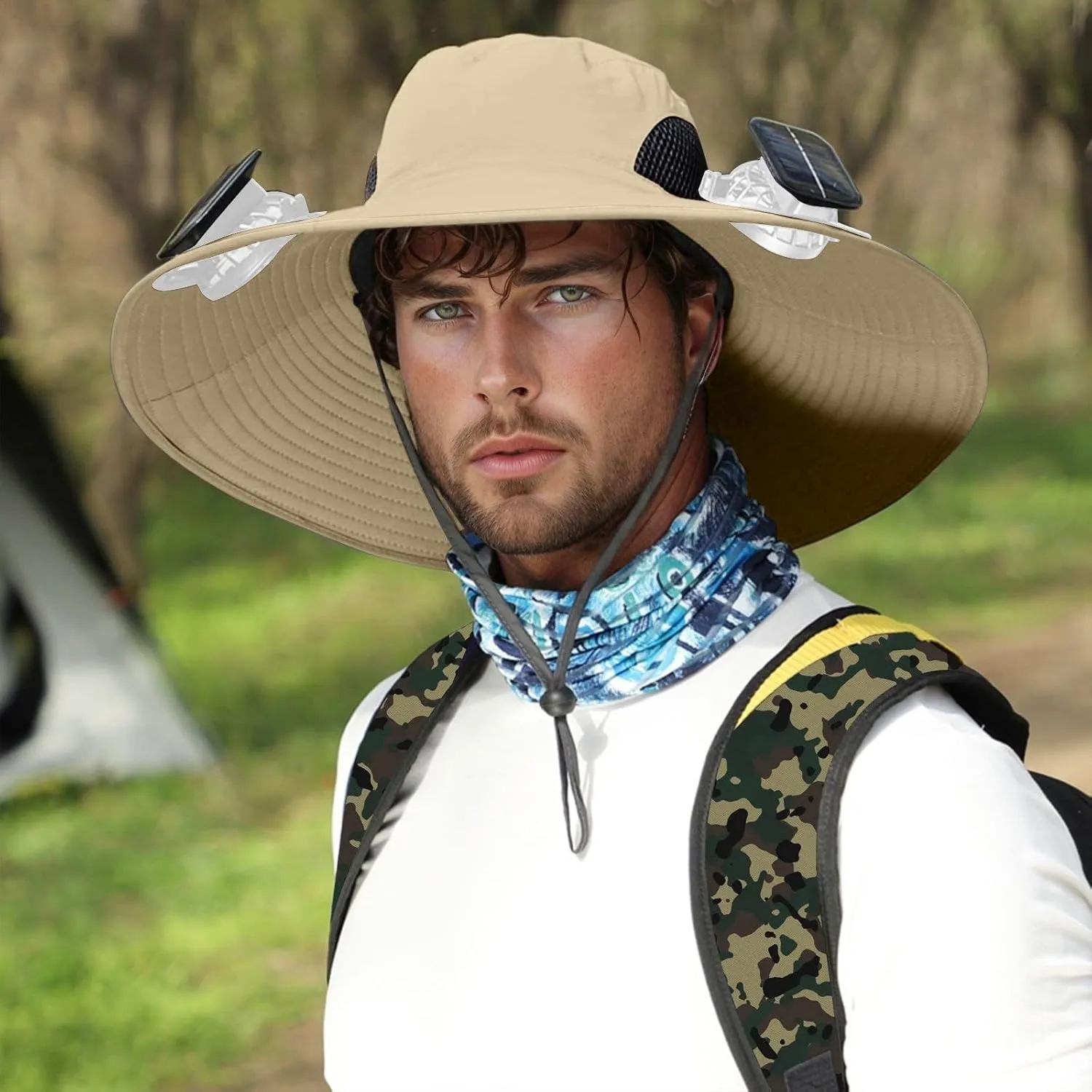 Men Sun Hat with 2 Solar Fan UPF 50  Fishing Hats Wide Brim UV Protection Sun Hat, USB Charging Outdoor Hiking Hats