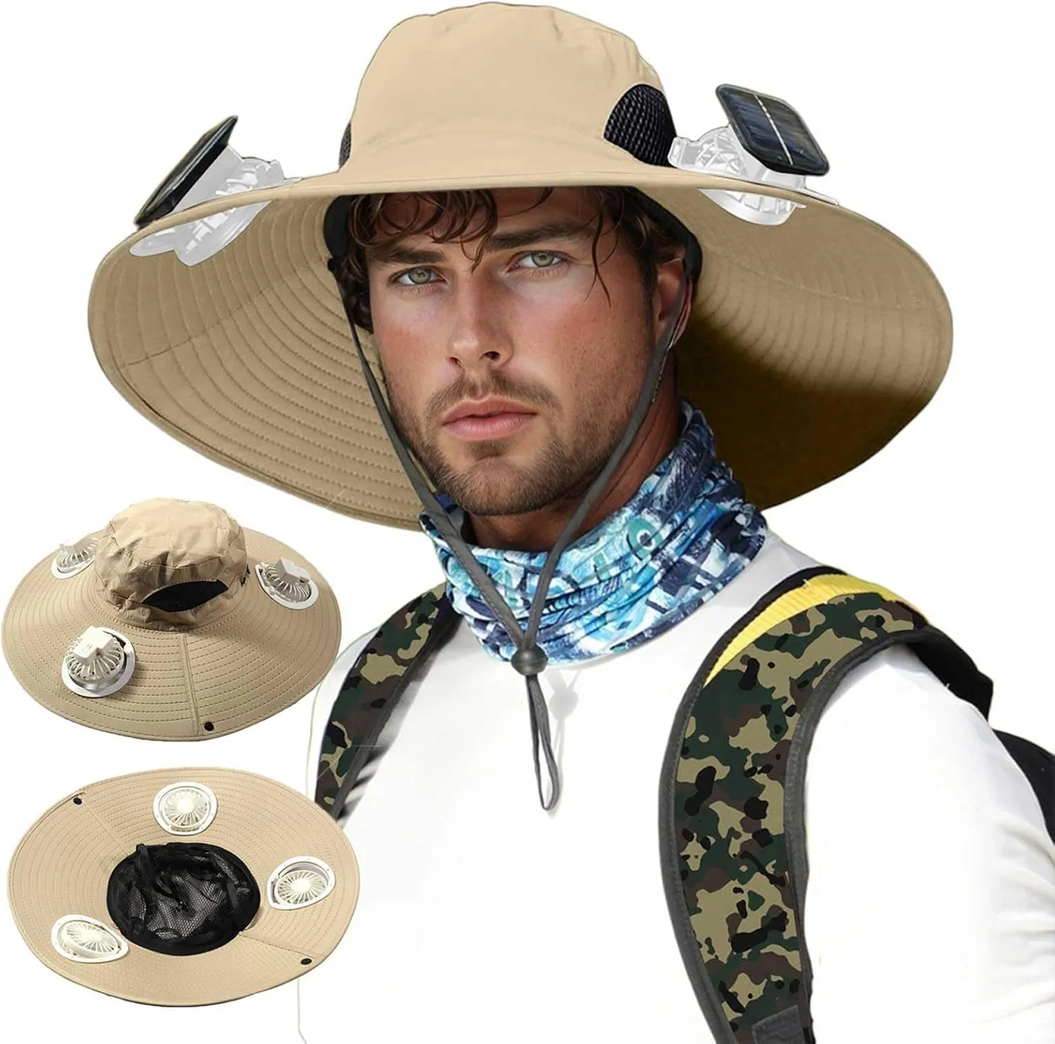 Men Sun Hat with 2 Solar Fan UPF 50  Fishing Hats Wide Brim UV Protection Sun Hat, USB Charging Outdoor Hiking Hats