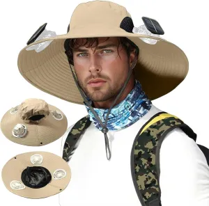 Men Sun Hat with 2 Solar Fan UPF 50  Fishing Hats Wide Brim UV Protection Sun Hat, USB Charging Outdoor Hiking Hats