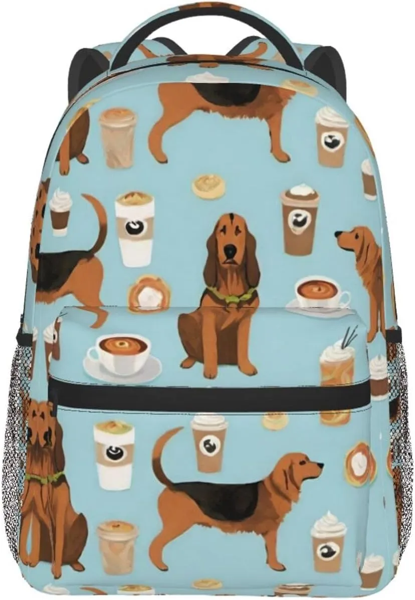 Men Women Polyester Bloodhound Fabric Dogs And Coffees Art Casual Daypack Large Capacity Carry On Bag With Adjustable Shoulder Straps for Camping Work Running