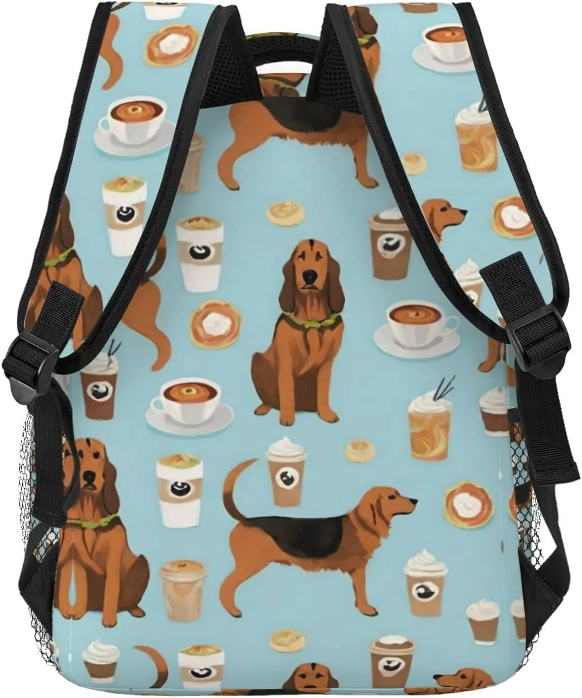 Men Women Polyester Bloodhound Fabric Dogs And Coffees Art Casual Daypack Large Capacity Carry On Bag With Adjustable Shoulder Straps for Camping Work Running