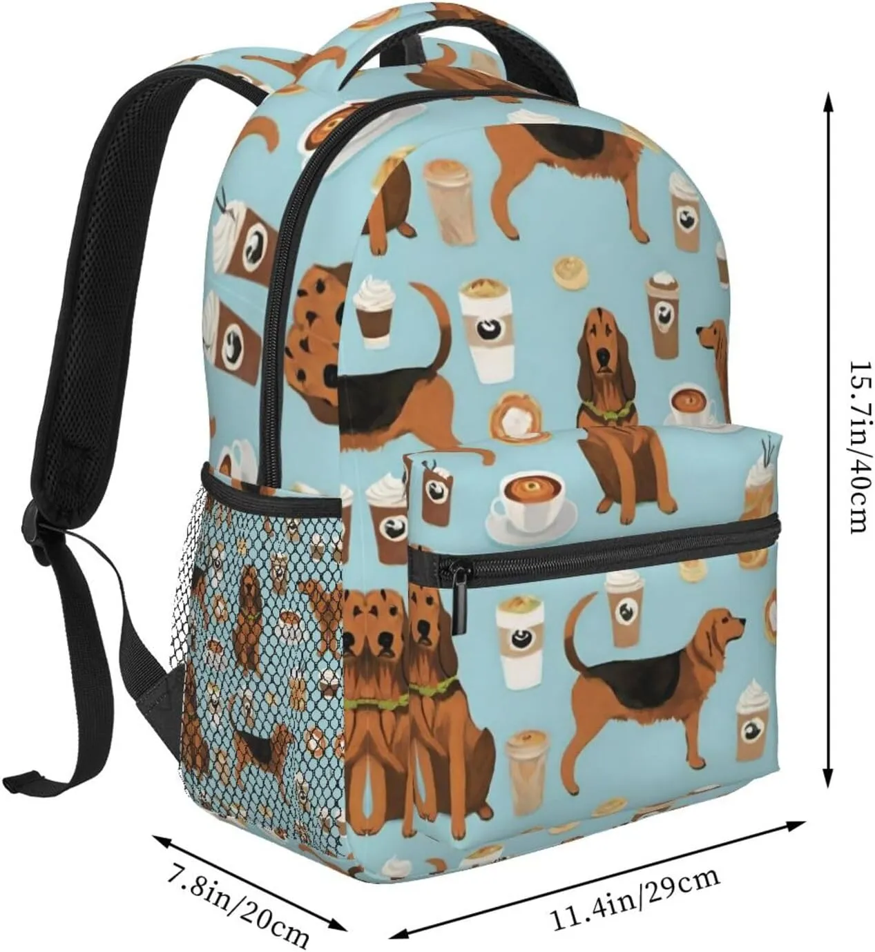 Men Women Polyester Bloodhound Fabric Dogs And Coffees Art Casual Daypack Large Capacity Carry On Bag With Adjustable Shoulder Straps for Camping Work Running
