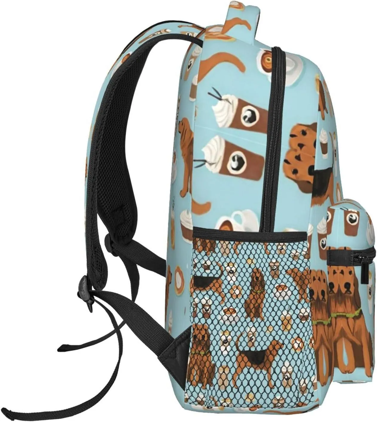 Men Women Polyester Bloodhound Fabric Dogs And Coffees Art Casual Daypack Large Capacity Carry On Bag With Adjustable Shoulder Straps for Camping Work Running