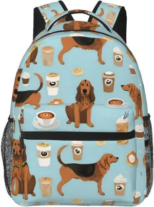 Men Women Polyester Bloodhound Fabric Dogs And Coffees Art Casual Daypack Large Capacity Carry On Bag With Adjustable Shoulder Straps for Camping Work Running