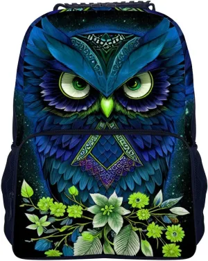 Men Women Polyester Blue Owl Floral Art Daypack Big Capacity Shoulder Bag With Smooth Zippers for Hiking Work Walking Cycling