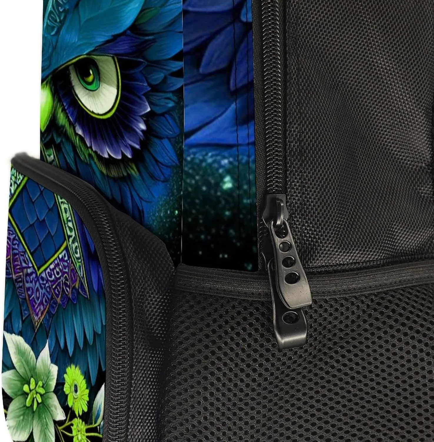 Men Women Polyester Blue Owl Floral Art Daypack Big Capacity Shoulder Bag With Smooth Zippers for Hiking Work Walking Cycling
