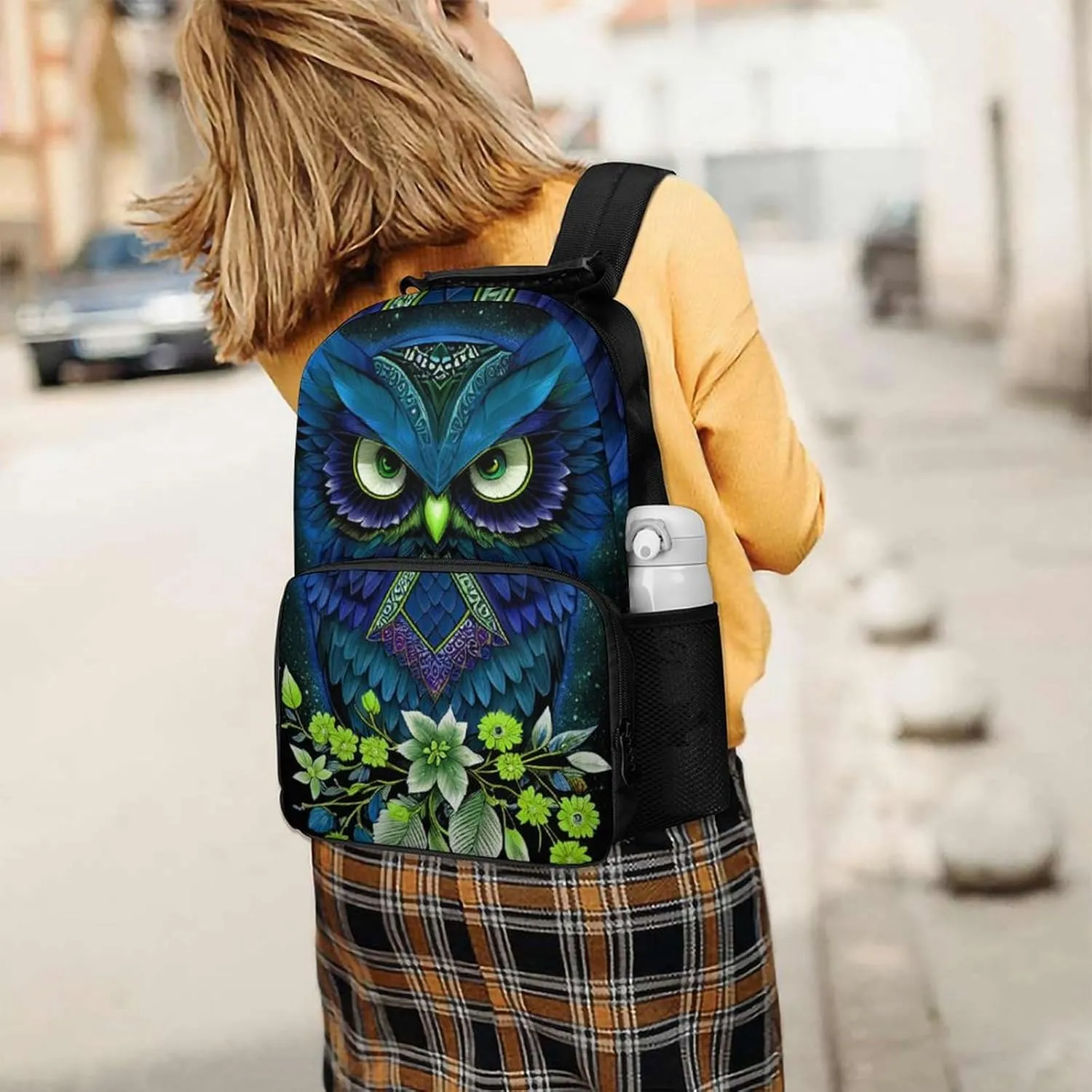 Men Women Polyester Blue Owl Floral Art Daypack Big Capacity Shoulder Bag With Smooth Zippers for Hiking Work Walking Cycling