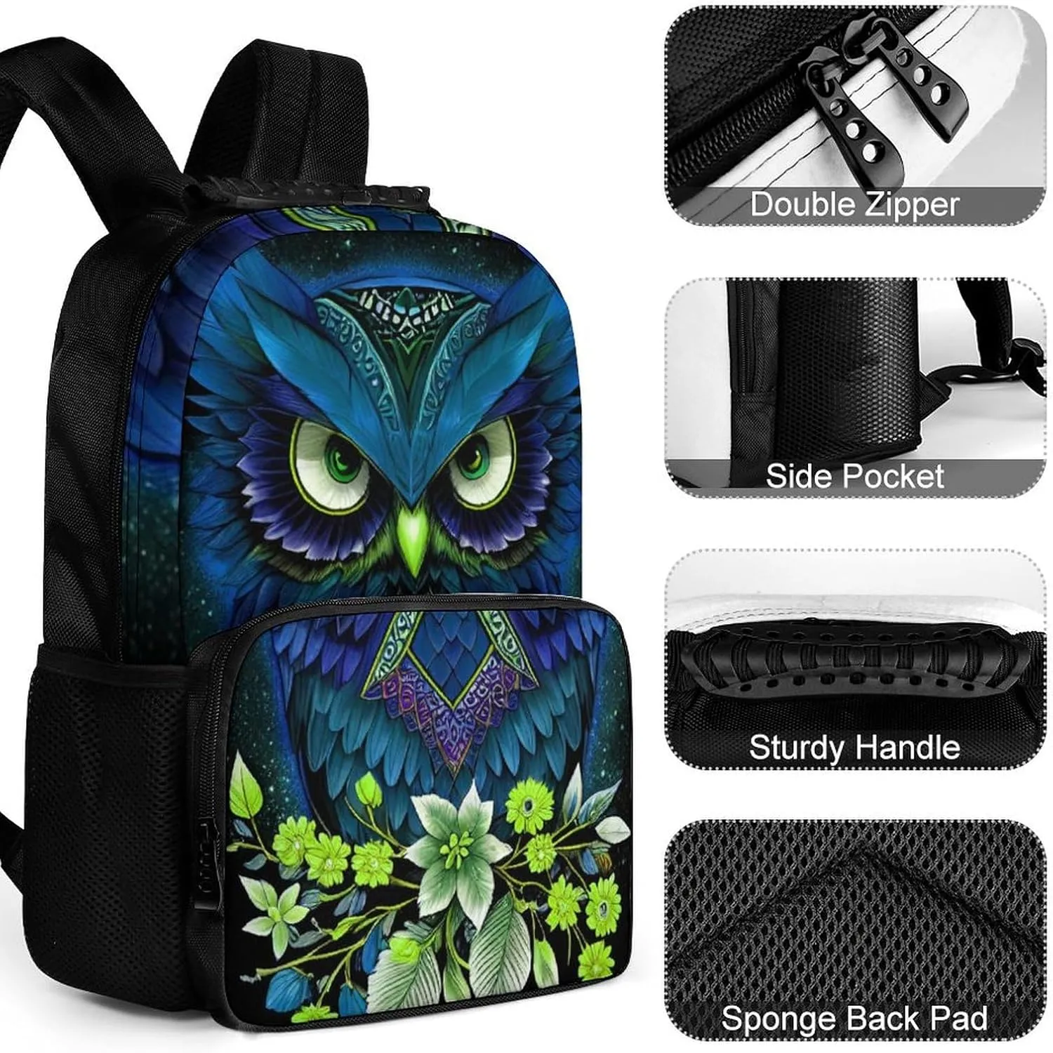 Men Women Polyester Blue Owl Floral Art Daypack Big Capacity Shoulder Bag With Smooth Zippers for Hiking Work Walking Cycling