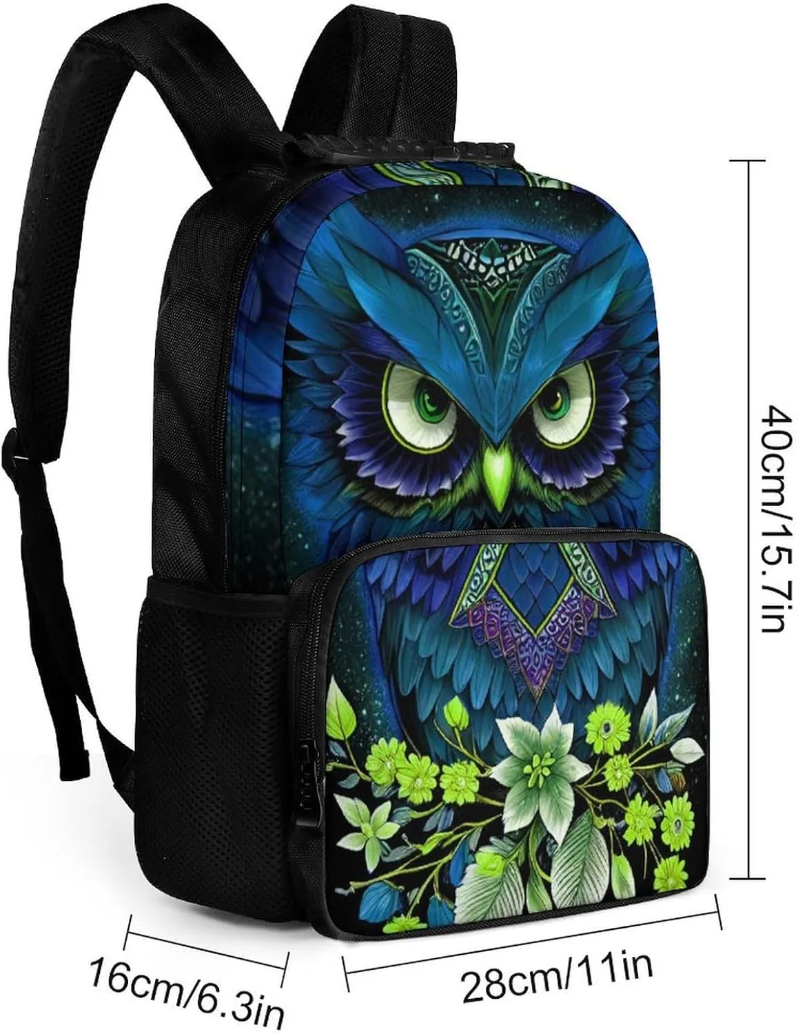 Men Women Polyester Blue Owl Floral Art Daypack Big Capacity Shoulder Bag With Smooth Zippers for Hiking Work Walking Cycling