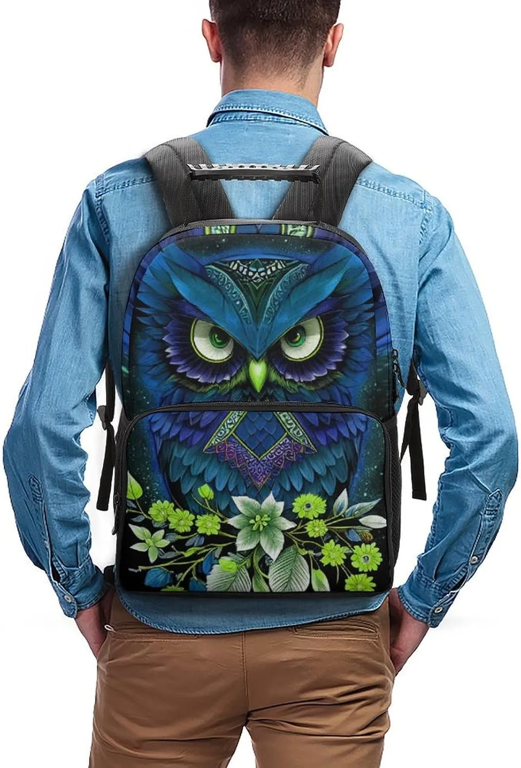 Men Women Polyester Blue Owl Floral Art Daypack Big Capacity Shoulder Bag With Smooth Zippers for Hiking Work Walking Cycling