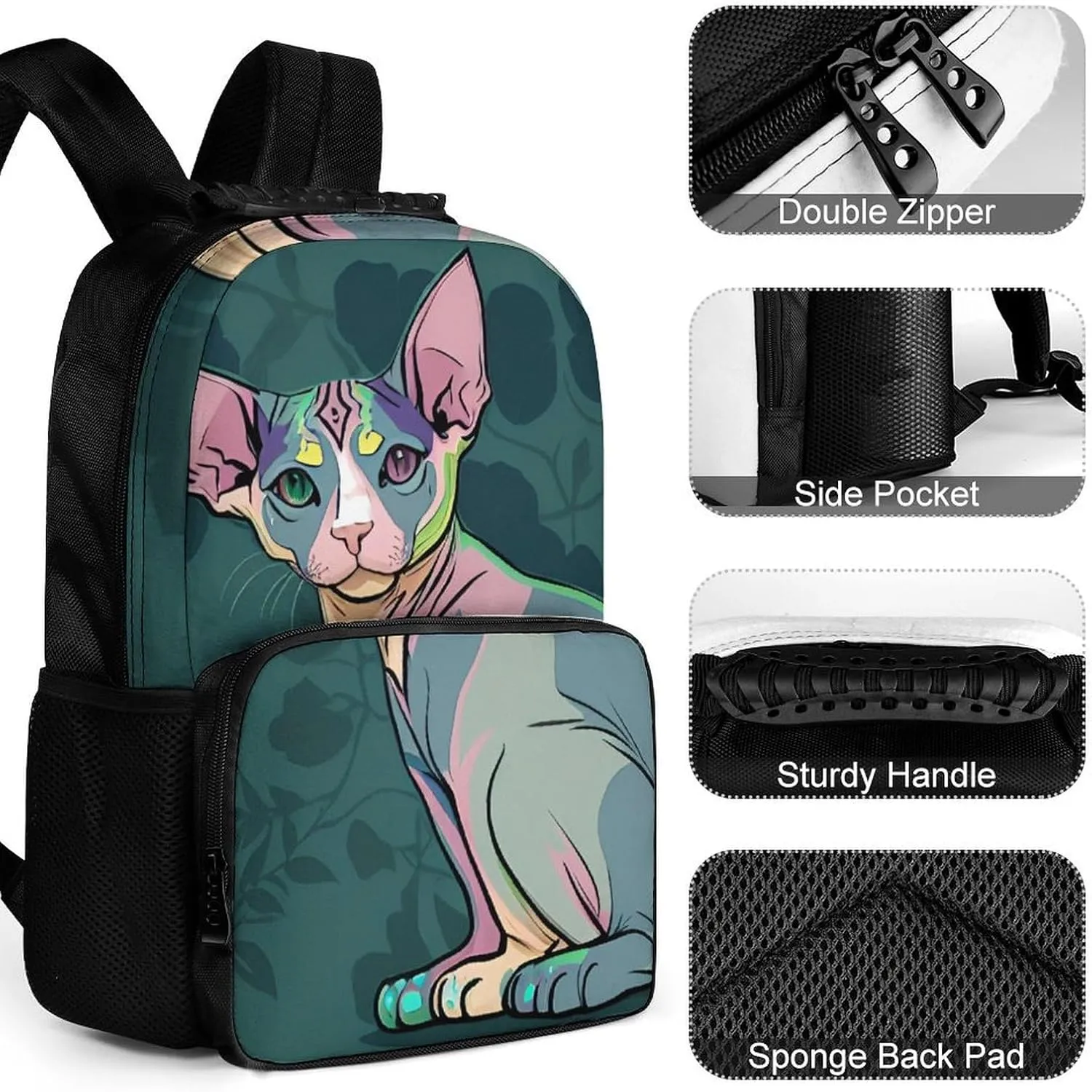 Men Women Polyester Hairless Sphynx Cats Teal Green Art Daypack Big Capacity Shoulder Bag With Smooth Zippers for Hiking Work Walking Cycling