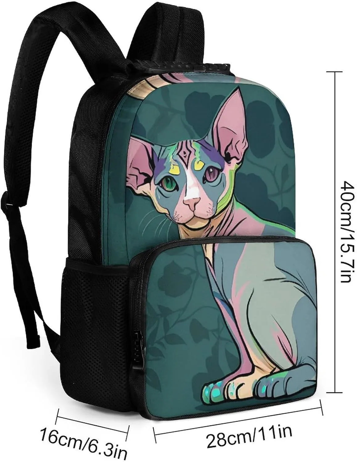 Men Women Polyester Hairless Sphynx Cats Teal Green Art Daypack Big Capacity Shoulder Bag With Smooth Zippers for Hiking Work Walking Cycling