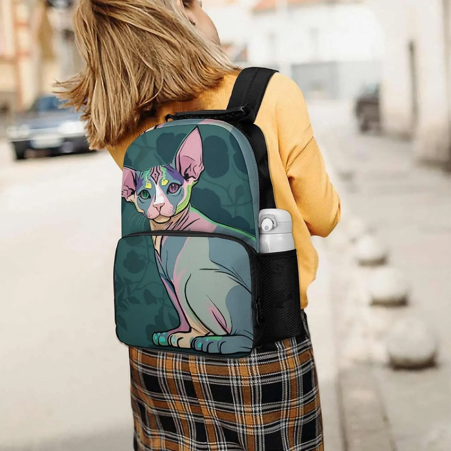 Men Women Polyester Hairless Sphynx Cats Teal Green Art Daypack Big Capacity Shoulder Bag With Smooth Zippers for Hiking Work Walking Cycling