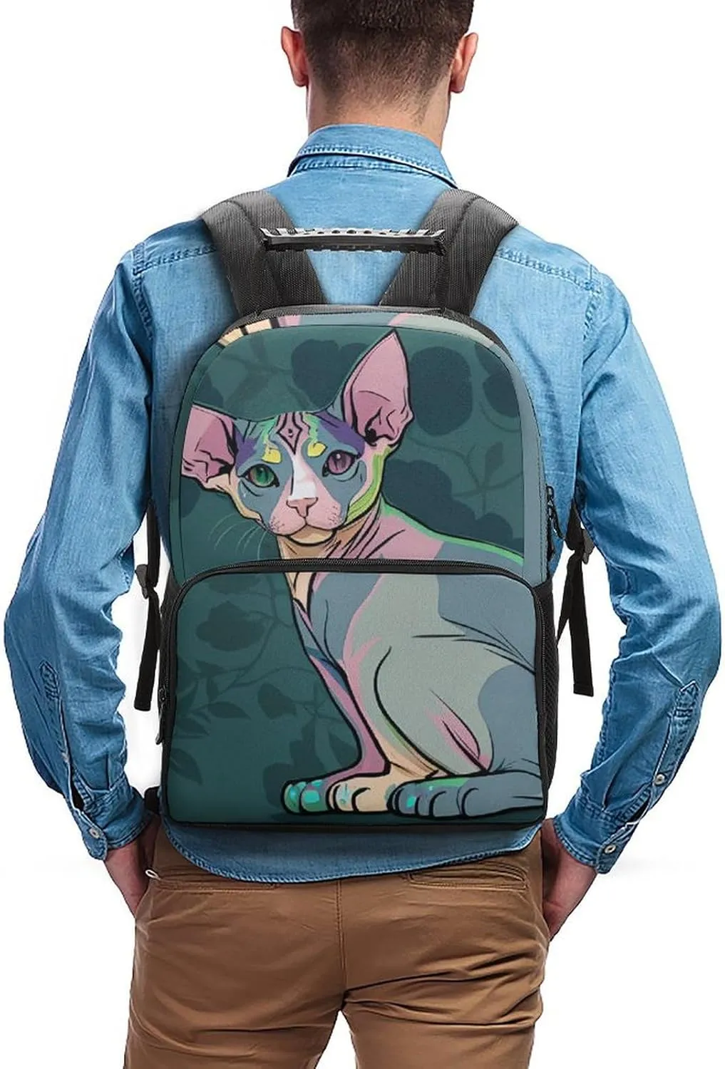 Men Women Polyester Hairless Sphynx Cats Teal Green Art Daypack Big Capacity Shoulder Bag With Smooth Zippers for Hiking Work Walking Cycling
