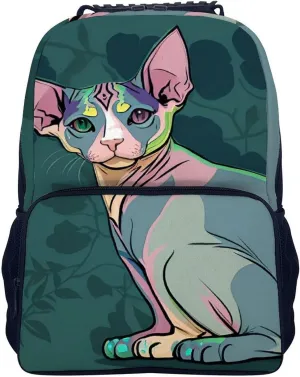 Men Women Polyester Hairless Sphynx Cats Teal Green Art Daypack Big Capacity Shoulder Bag With Smooth Zippers for Hiking Work Walking Cycling