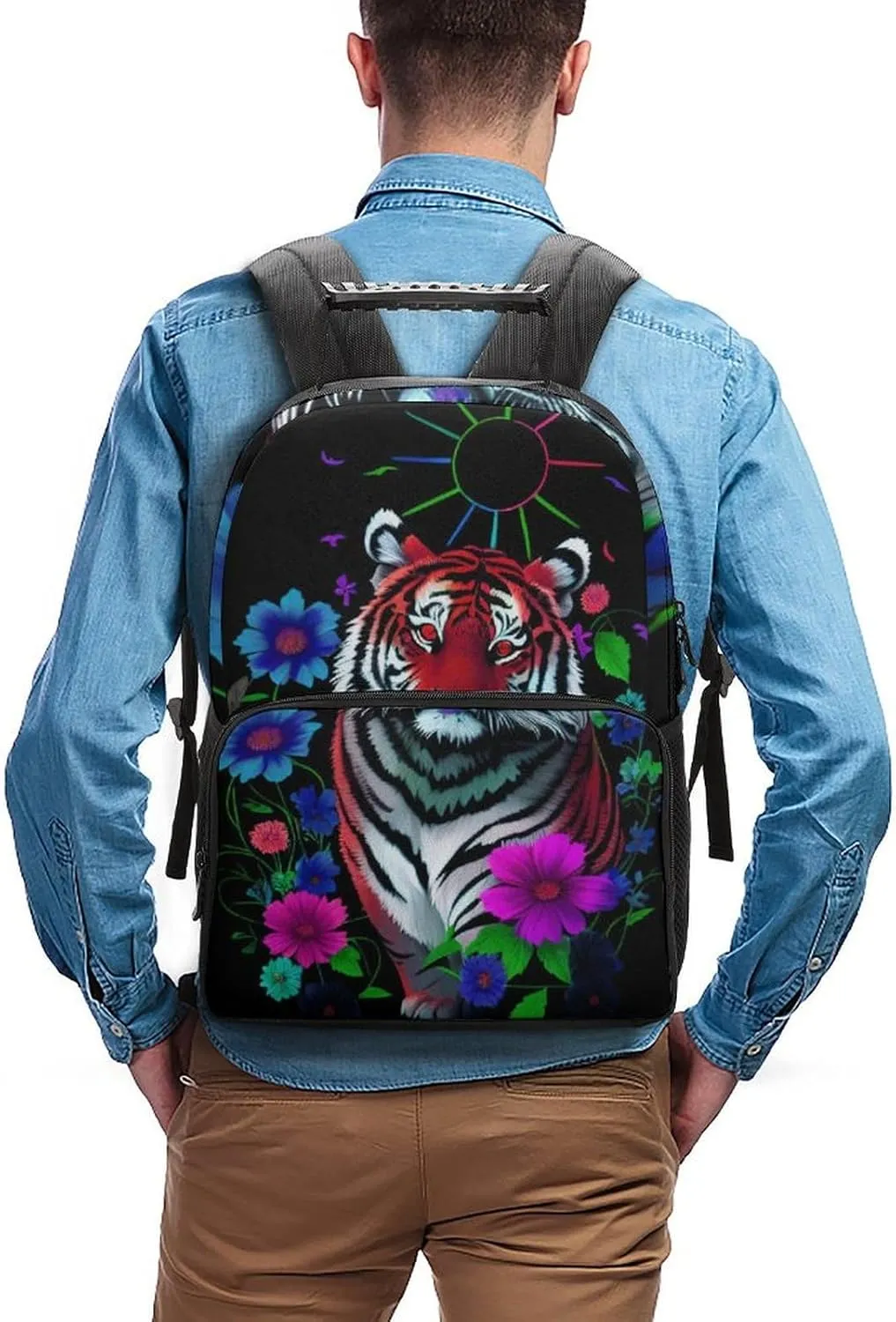 Men Women Polyester Trippy Tiger Animal Flower Art Casual Daypack Large Capacity Carry On Bag With Adjustable Shoulder Straps for Camping Work Running