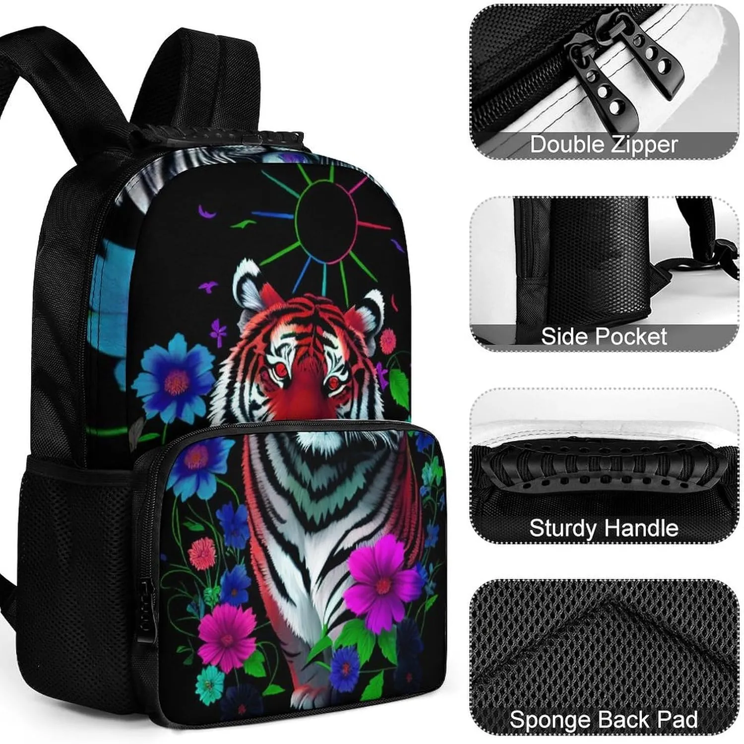 Men Women Polyester Trippy Tiger Animal Flower Art Casual Daypack Large Capacity Carry On Bag With Adjustable Shoulder Straps for Camping Work Running