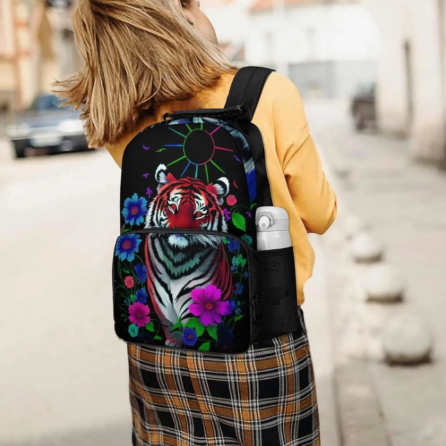Men Women Polyester Trippy Tiger Animal Flower Art Casual Daypack Large Capacity Carry On Bag With Adjustable Shoulder Straps for Camping Work Running