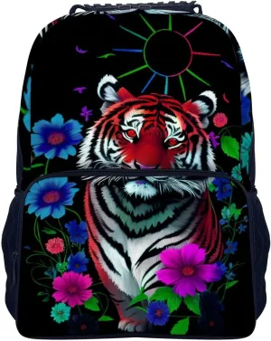 Men Women Polyester Trippy Tiger Animal Flower Art Casual Daypack Large Capacity Carry On Bag With Adjustable Shoulder Straps for Camping Work Running