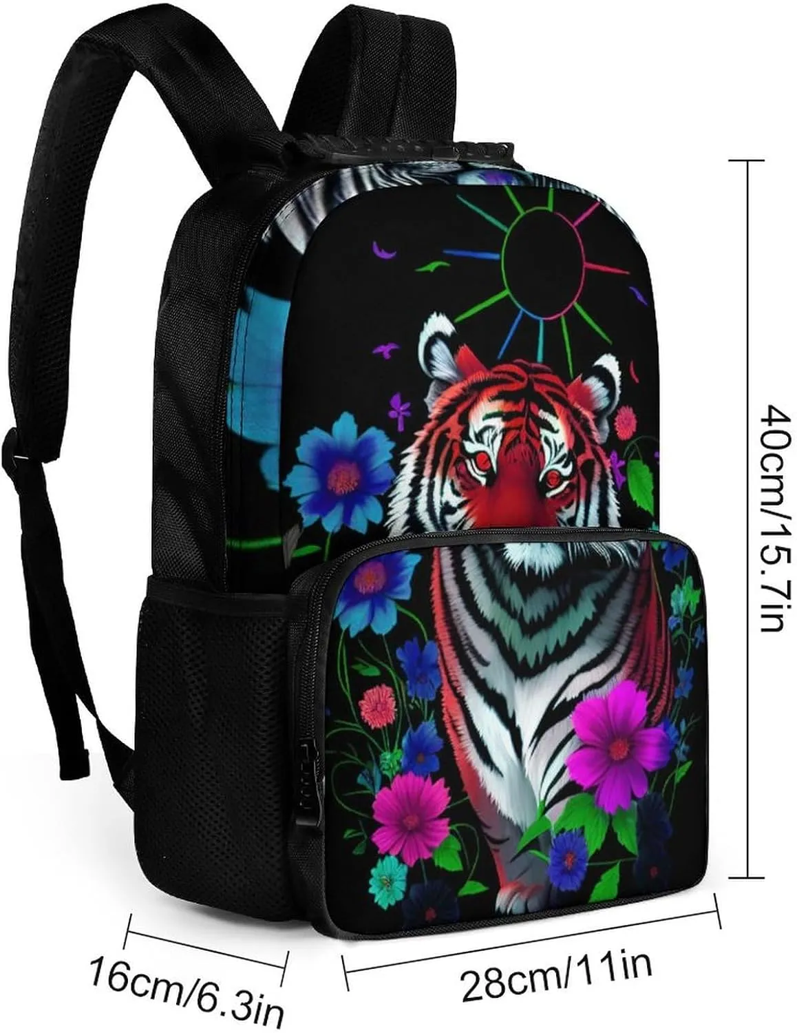 Men Women Polyester Trippy Tiger Animal Flower Art Casual Daypack Large Capacity Carry On Bag With Adjustable Shoulder Straps for Camping Work Running