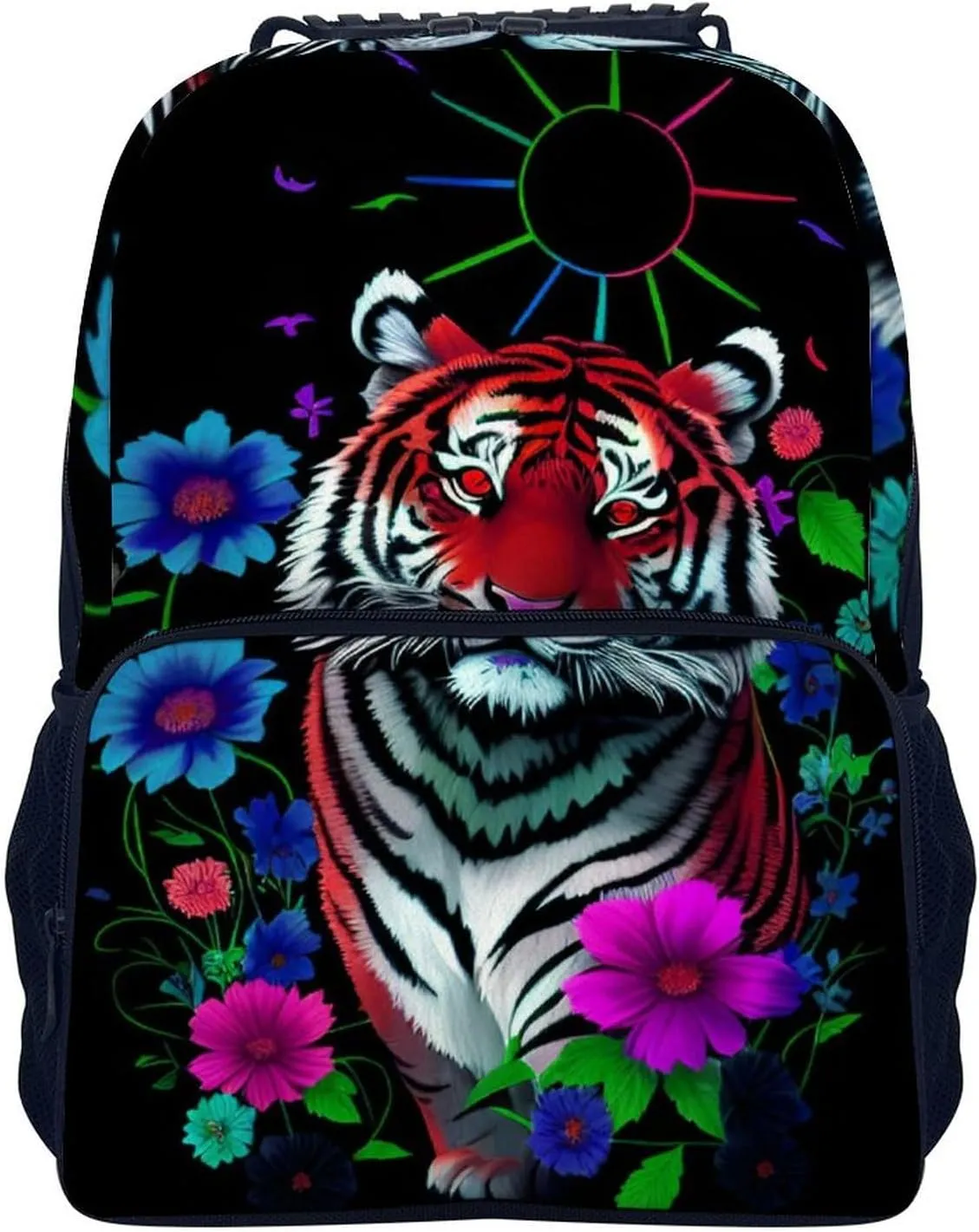 Men Women Polyester Trippy Tiger Animal Flower Art Casual Daypack Large Capacity Carry On Bag With Adjustable Shoulder Straps for Camping Work Running