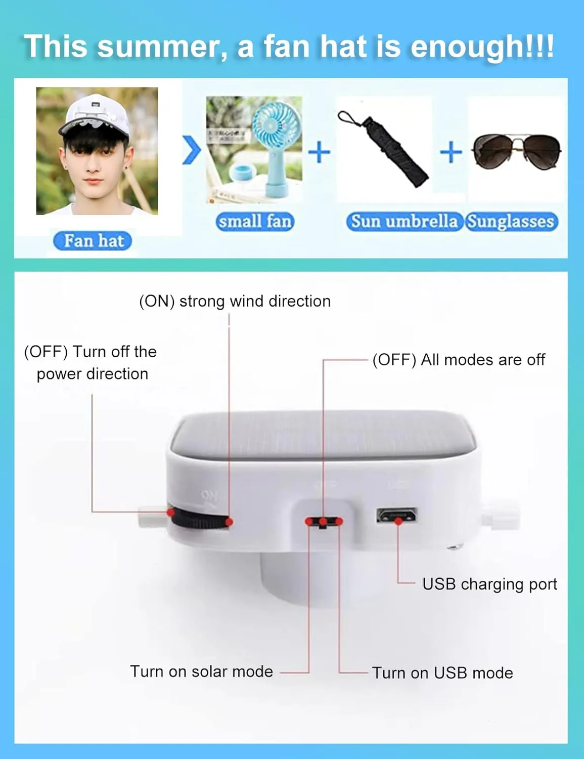 Mens Womens Fan Hat Baseball Cap Built in Fan Solar USB Dual Power Supply Adjustable Wind Speed and Direction