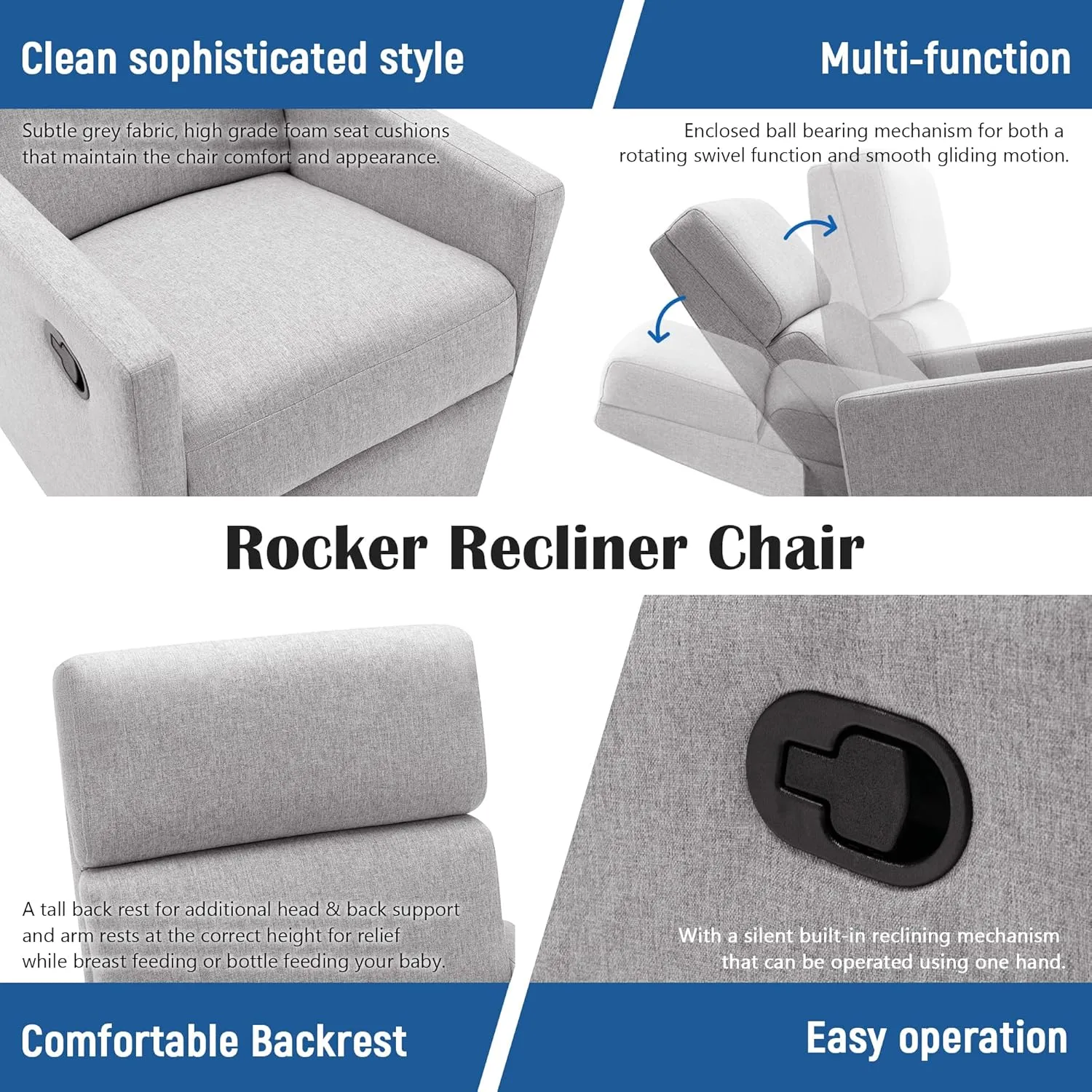 Merax Modern Upholstered Manual Swivel Recliner Chair w/Headsupport Adjustable Nursery Glider Rocker for Living Room, Bedroom Gray