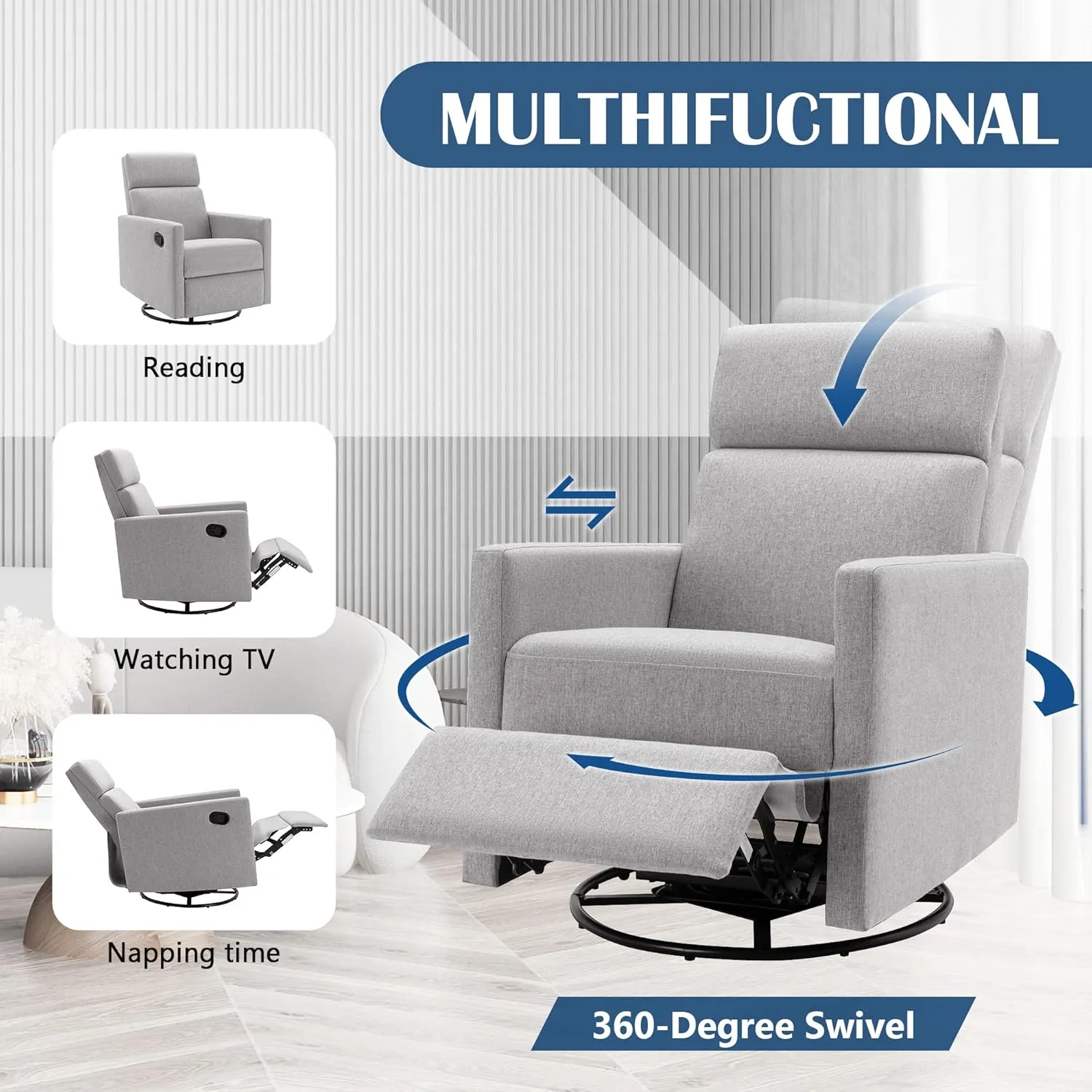 Merax Modern Upholstered Manual Swivel Recliner Chair w/Headsupport Adjustable Nursery Glider Rocker for Living Room, Bedroom Gray
