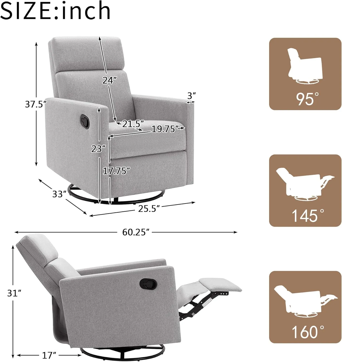 Merax Modern Upholstered Manual Swivel Recliner Chair w/Headsupport Adjustable Nursery Glider Rocker for Living Room, Bedroom Gray