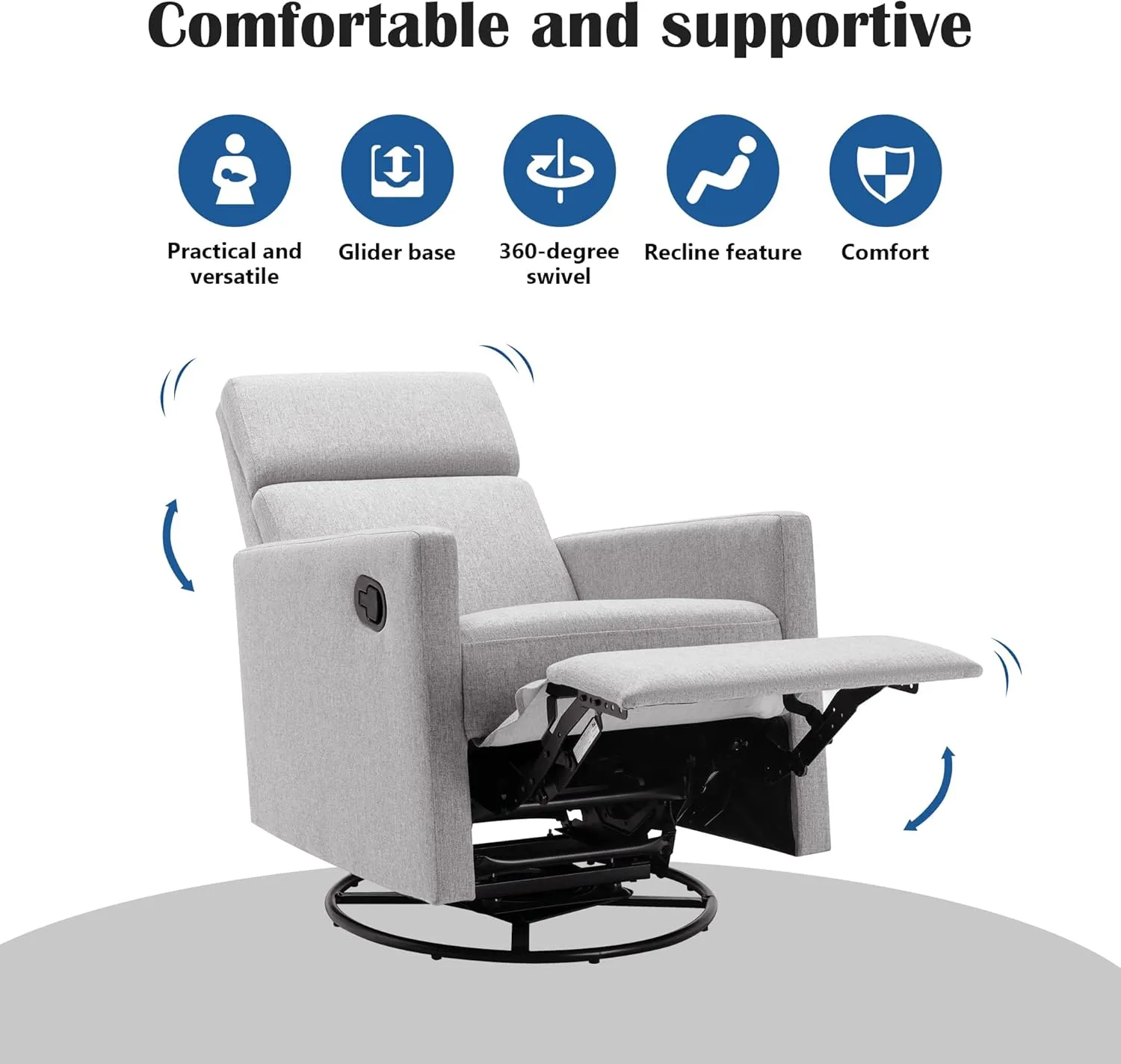 Merax Modern Upholstered Manual Swivel Recliner Chair w/Headsupport Adjustable Nursery Glider Rocker for Living Room, Bedroom Gray