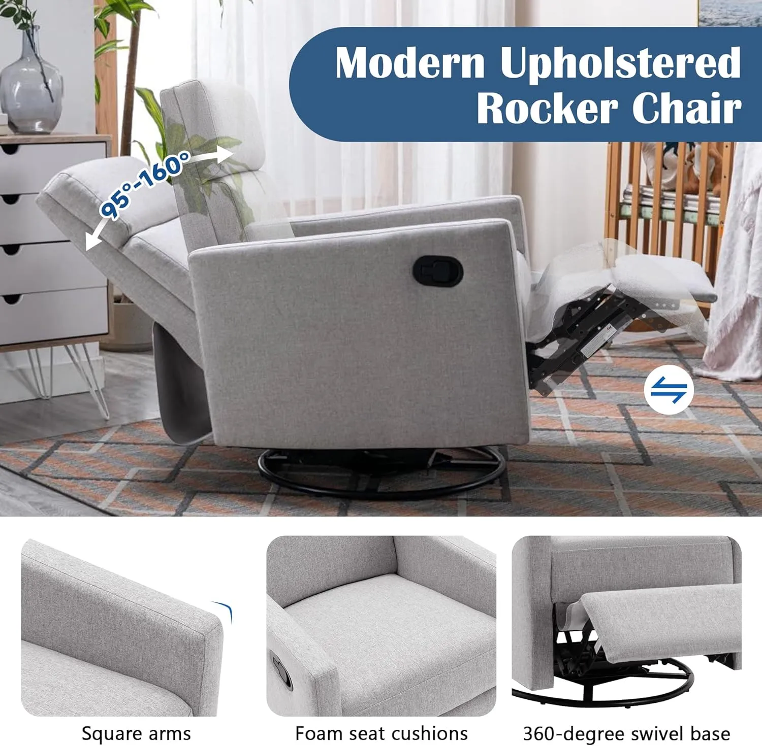 Merax Modern Upholstered Manual Swivel Recliner Chair w/Headsupport Adjustable Nursery Glider Rocker for Living Room, Bedroom Gray