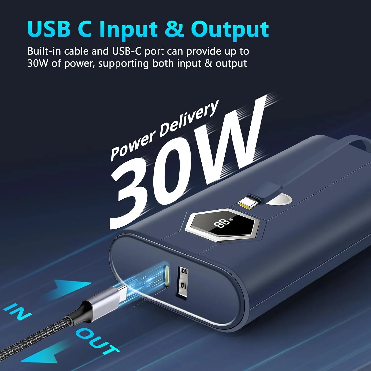 Miady PD 30W Portable Charger, 20000mAh Power Bank Fast Charging Built-in USB-C Cable, Battery Pack with LED Display Compatible with iPhone 16/15/14/13 Series, Galaxy, Android, iPad, etc