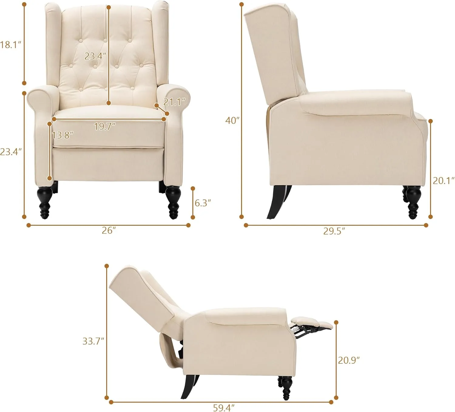 Mid Century Wingback Recliner Chair for Adults, Modern Linen Fabric Push Back Recliner Chairs with Button Tufted Upholstered Back & Footrest, Manual Recliner Chais for Living Room, Nursery, Beige