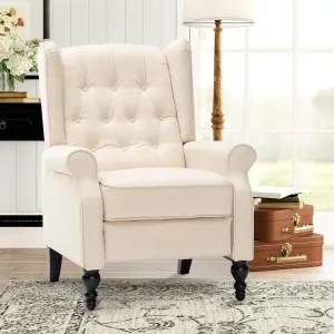 Mid Century Wingback Recliner Chair for Adults, Modern Linen Fabric Push Back Recliner Chairs with Button Tufted Upholstered Back & Footrest, Manual Recliner Chais for Living Room, Nursery, Beige