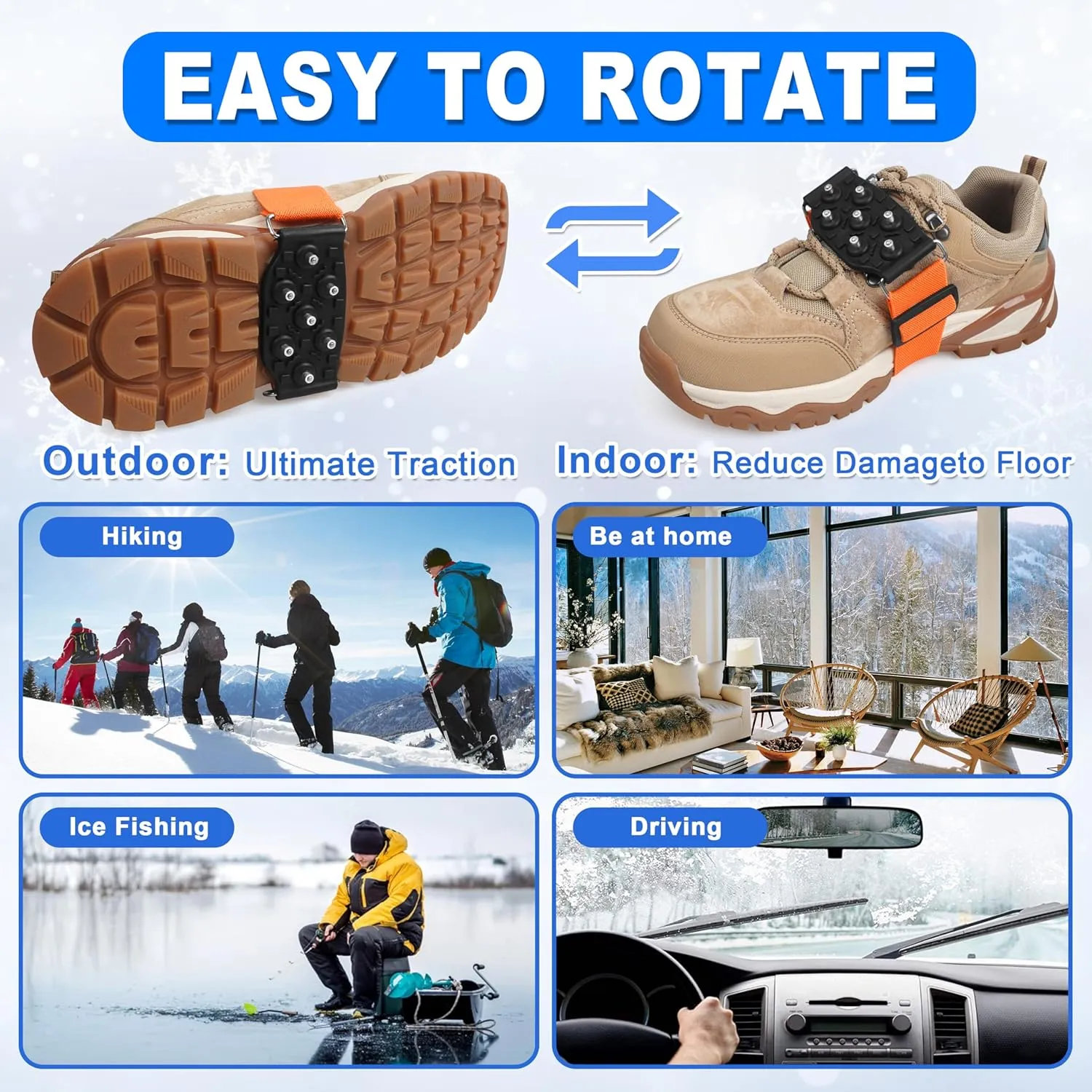 Mid-Sole Ice Cleats Crampons Snow Traction Cleats for Shoes and Boots Non-Slip Crampons with Adjustable Straps 7 Tungsten Studs for Secure Grip for Walking Jogging Hiking