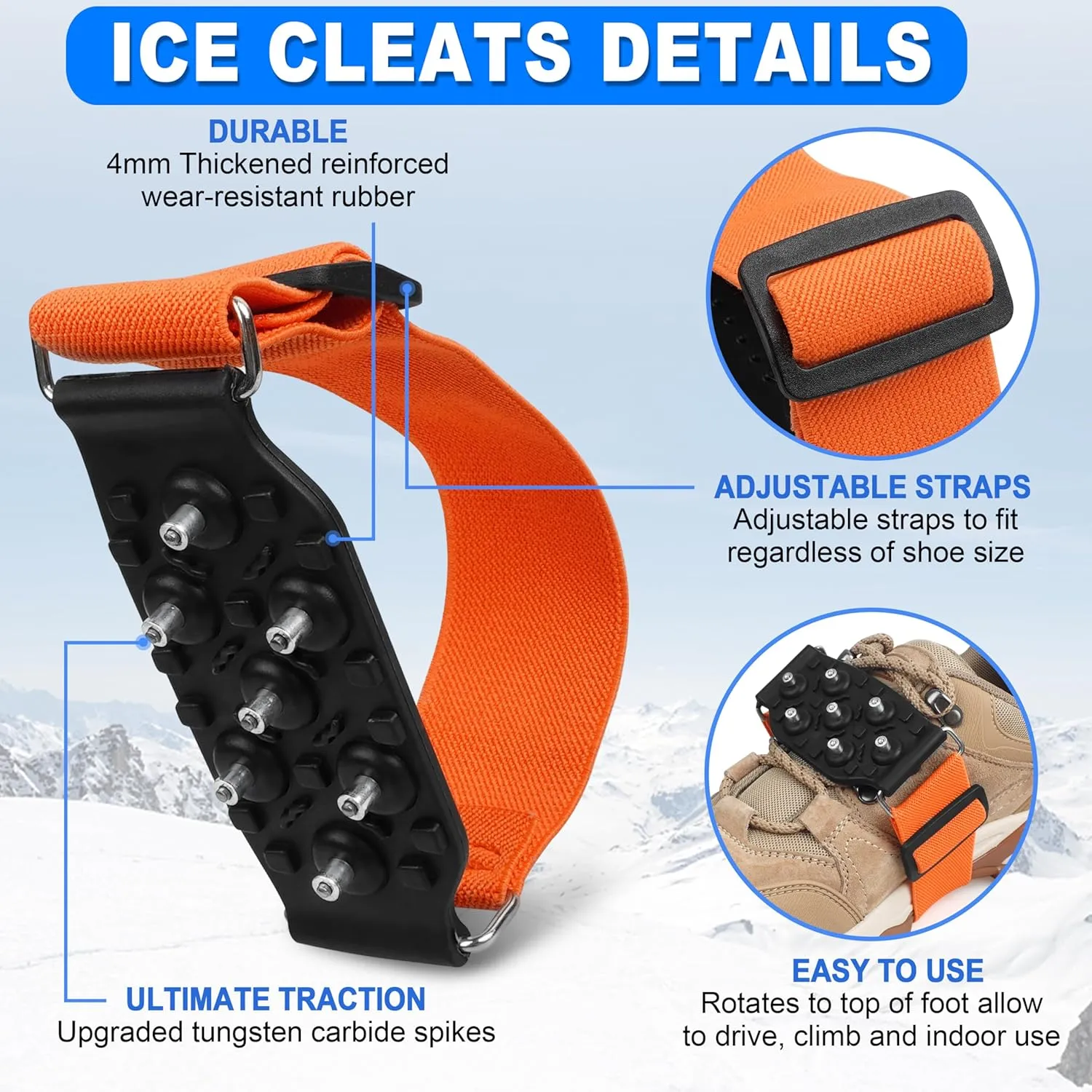 Mid-Sole Ice Cleats Crampons Snow Traction Cleats for Shoes and Boots Non-Slip Crampons with Adjustable Straps 7 Tungsten Studs for Secure Grip for Walking Jogging Hiking