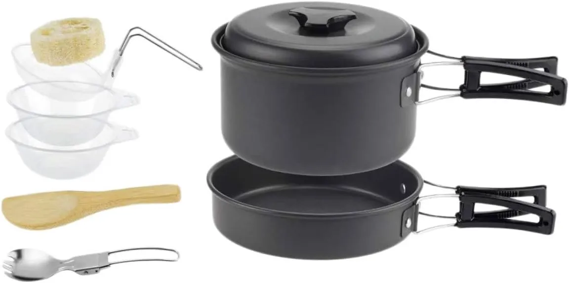 Mikikit 1set Portable Camping Pot Person Outdoor Cookware Black Cutlery for Hiking Picnics Essential Cooking Tools for Campers Fine Workmanship Stylish Design