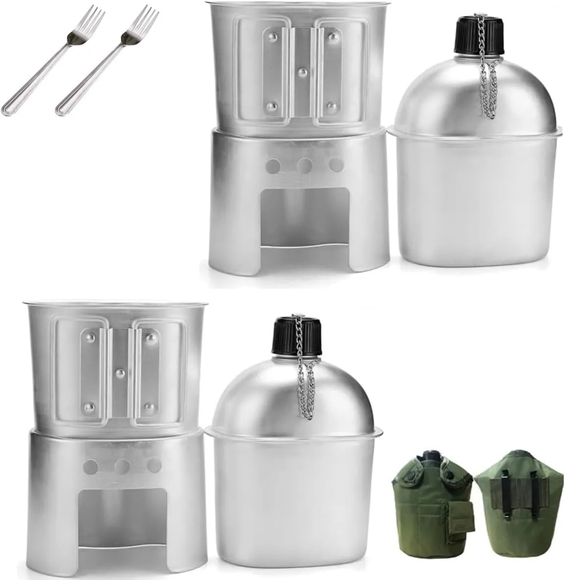 Military Canteen Set of 4, Canteen Cup Stove Pouch Kit, Can Cook Food, Aluminum Portable Tableware Suitable for Outdoor Survival, Camping, Hiking, Backpacking, Hunting, for Outdoor Lovers