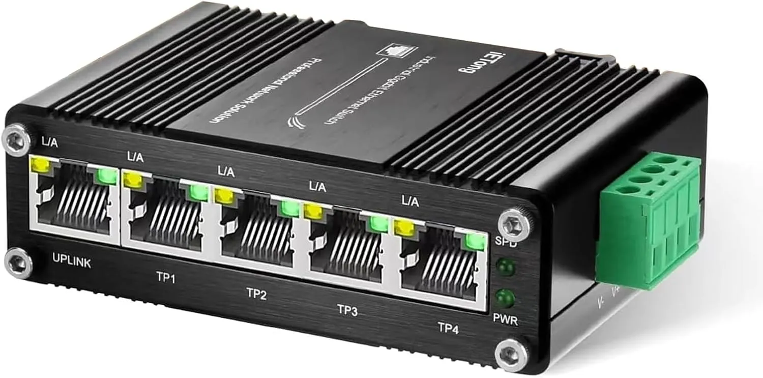 Mini 5 Ports Gigabit Switch Industrial, Din Rail Ethernet Switch RJ45 10/100/1000Mbps,12~48V DC for lP Camera Tower,Satellite Dish,Closet,Solar Trailer Project,iETong